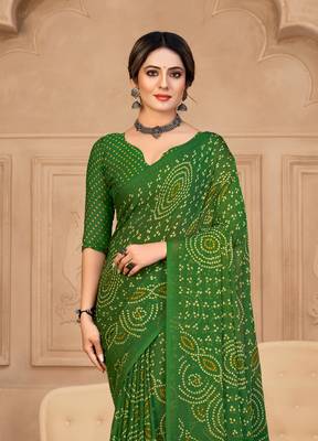 Green Chiffon Bandhej Printed Sari,Saree With Unstitched Blouse Piece 2