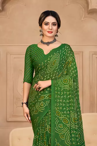 Green Chiffon Bandhej Printed Sari,Saree With Unstitched Blouse Piece