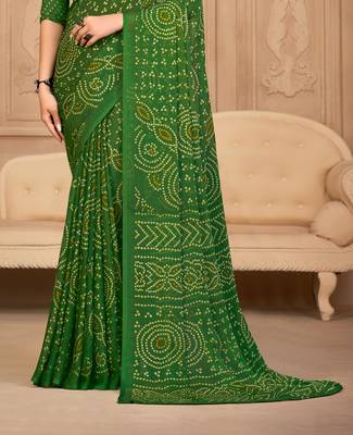 Green Chiffon Bandhej Printed Sari,Saree With Unstitched Blouse Piece 3