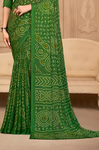 Green Chiffon Bandhej Printed Sari,Saree With Unstitched Blouse Piece