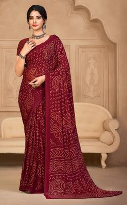Maroon Chiffon Bandhej Printed Sari,Saree With Unstitched Blouse Piece 1
