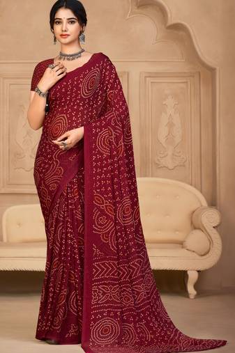 Maroon Chiffon Bandhej Printed Sari,Saree With Unstitched Blouse Piece