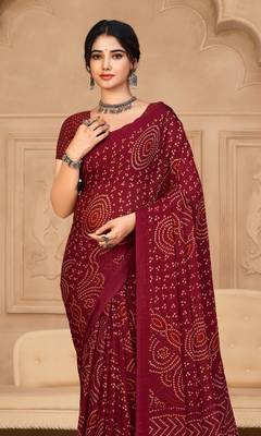 Maroon Chiffon Bandhej Printed Sari,Saree With Unstitched Blouse Piece 2