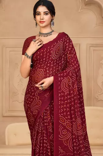 Maroon Chiffon Bandhej Printed Sari,Saree With Unstitched Blouse Piece