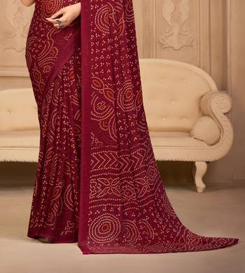 Maroon Chiffon Bandhej Printed Sari,Saree With Unstitched Blouse Piece 3