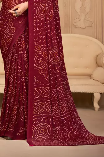Maroon Chiffon Bandhej Printed Sari,Saree With Unstitched Blouse Piece
