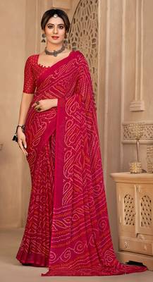 Pink Chiffon Bandhej Printed Sari,Saree With Unstitched Blouse Piece 1