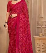 Pink Chiffon Bandhej Printed Sari,Saree With Unstitched Blouse Piece