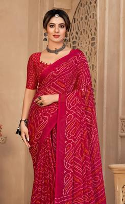 Pink Chiffon Bandhej Printed Sari,Saree With Unstitched Blouse Piece 2
