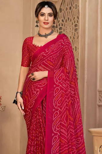 Pink Chiffon Bandhej Printed Sari,Saree With Unstitched Blouse Piece