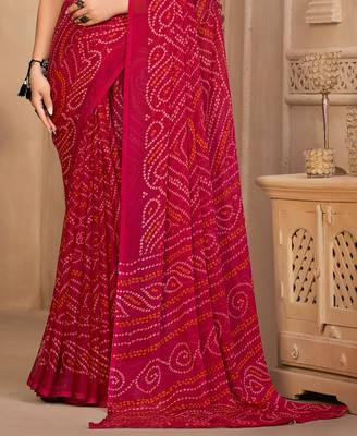 Pink Chiffon Bandhej Printed Sari,Saree With Unstitched Blouse Piece 3