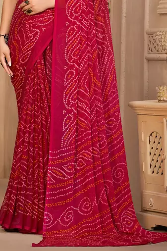 Pink Chiffon Bandhej Printed Sari,Saree With Unstitched Blouse Piece