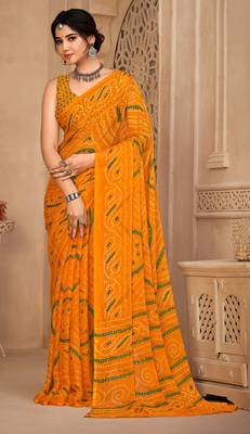 Yellow Chiffon Bandhej Printed Sari,Saree With Unstitched Blouse Piece 1