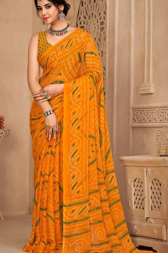 Yellow Chiffon Bandhej Printed Sari,Saree With Unstitched Blouse Piece