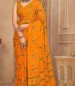 Yellow Chiffon Bandhej Printed Sari,Saree With Unstitched Blouse Piece
