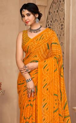 Yellow Chiffon Bandhej Printed Sari,Saree With Unstitched Blouse Piece 2