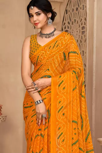 Yellow Chiffon Bandhej Printed Sari,Saree With Unstitched Blouse Piece