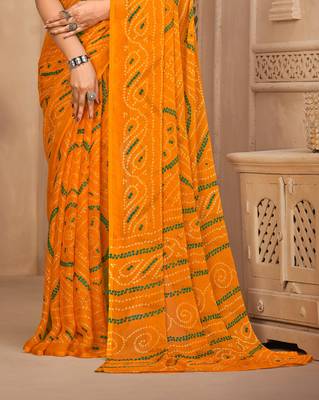 Yellow Chiffon Bandhej Printed Sari,Saree With Unstitched Blouse Piece 3