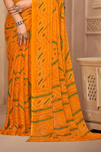 Yellow Chiffon Bandhej Printed Sari,Saree With Unstitched Blouse Piece