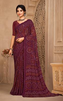 Wine Chiffon Bandhej Printed Sari,Saree With Unstitched Blouse Piece 1