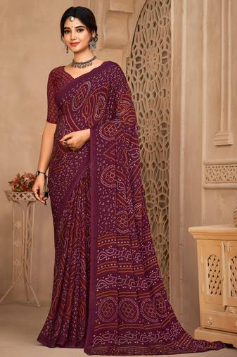 Wine Chiffon Bandhej Printed Sari,Saree With Unstitched Blouse Piece