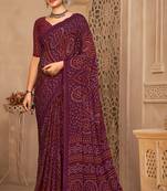 Wine Chiffon Bandhej Printed Sari,Saree With Unstitched Blouse Piece