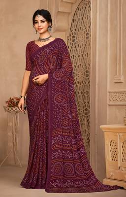 Wine Chiffon Bandhej Printed Sari,Saree With Unstitched Blouse Piece 2