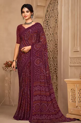 Wine Chiffon Bandhej Printed Sari,Saree With Unstitched Blouse Piece