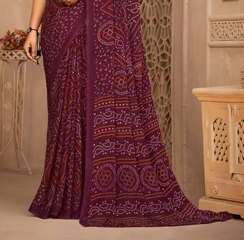 Wine Chiffon Bandhej Printed Sari,Saree With Unstitched Blouse Piece 3