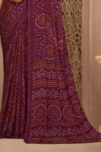 Wine Chiffon Bandhej Printed Sari,Saree With Unstitched Blouse Piece
