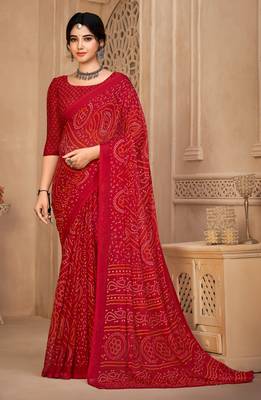 Red Chiffon Bandhej Printed Sari,Saree With Unstitched Blouse Piece 1