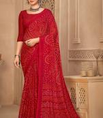 Red Chiffon Bandhej Printed Sari,Saree With Unstitched Blouse Piece