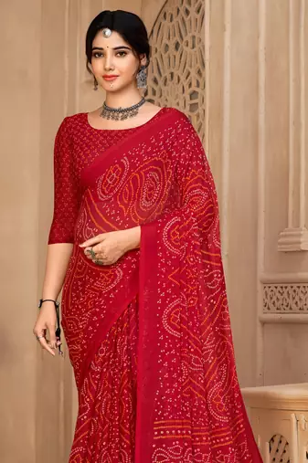 Red Chiffon Bandhej Printed Sari,Saree With Unstitched Blouse Piece