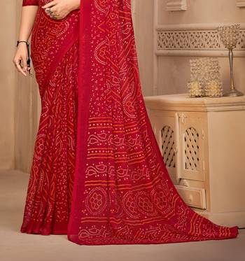 Red Chiffon Bandhej Printed Sari,Saree With Unstitched Blouse Piece 3