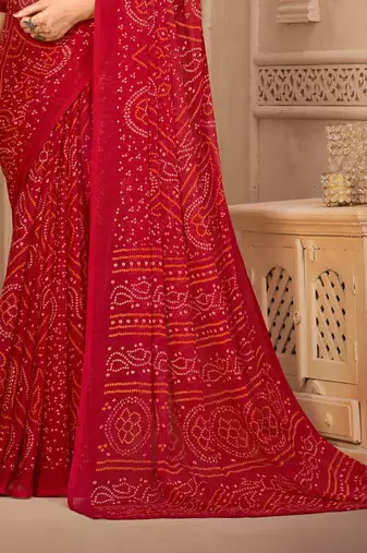 Red Chiffon Bandhej Printed Sari,Saree With Unstitched Blouse Piece