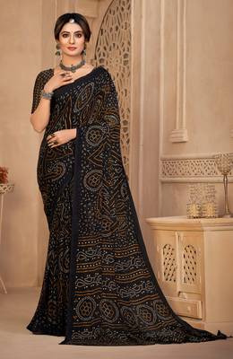 Black Chiffon Bandhej Printed Sari,Saree With Unstitched Blouse Piece 1