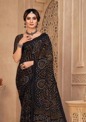 Black Chiffon Bandhej Printed Sari,Saree With Unstitched Blouse Piece 2