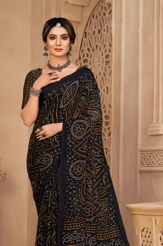 Black Chiffon Bandhej Printed Sari,Saree With Unstitched Blouse Piece