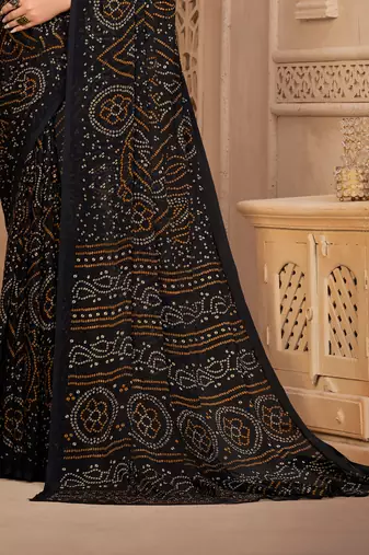Black Chiffon Bandhej Printed Sari,Saree With Unstitched Blouse Piece