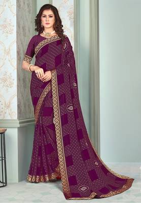 Wine Georgette Golden Print Printed Sari,Saree With Unstitched Blouse Piece 1