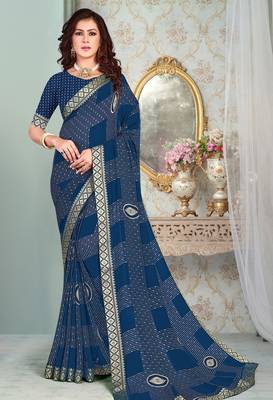 Blue Georgette Golden Print Printed Sari,Saree With Unstitched Blouse Piece 1