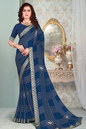 Blue Georgette Golden Print Printed Sari,Saree With Unstitched Blouse Piece