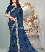 Blue Georgette Golden Print Printed Sari,Saree With Unstitched Blouse Piece