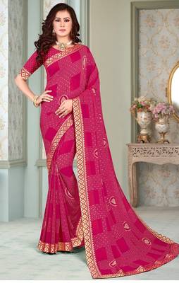 Pink Georgette Golden Print Printed Sari,Saree With Unstitched Blouse Piece 1