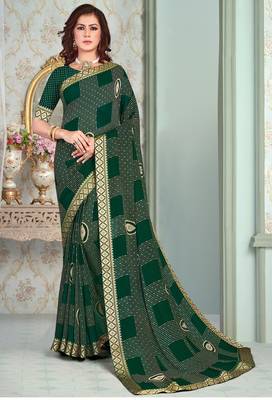 Green Georgette Golden Print Printed Sari,Saree With Unstitched Blouse Piece 1