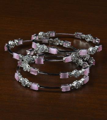 Rhodium Plated Baby Pink Stone American Diamond Bangles BD615 3