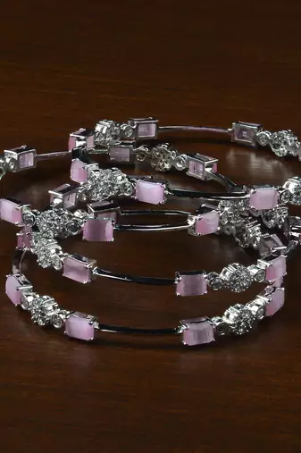 Rhodium Plated Baby Pink Stone American Diamond Bangles BD615