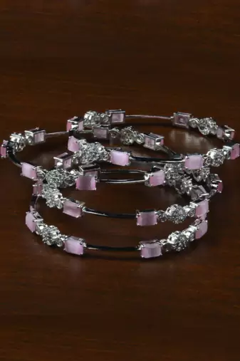 Rhodium Plated Baby Pink Stone American Diamond Bangles BD615