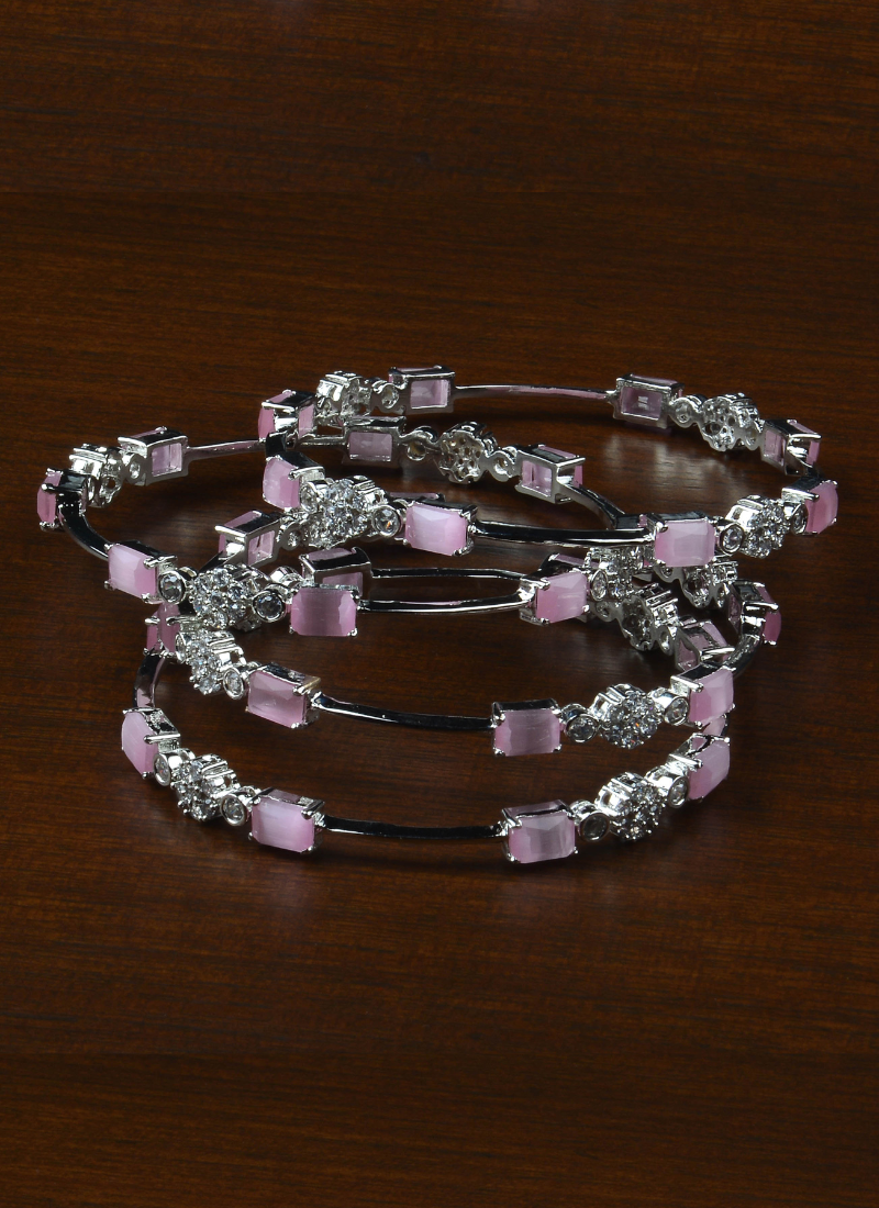 Rhodium Plated Baby Pink Stone American Diamond Bangles BD615
