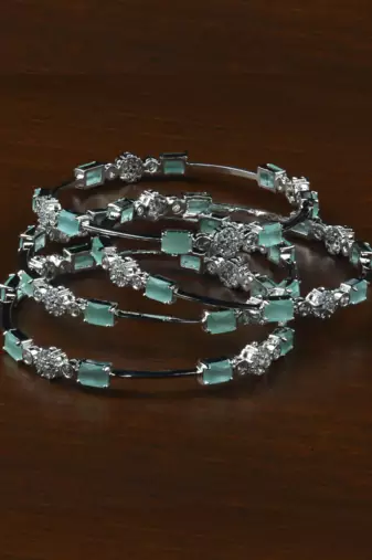 Rhodium Plated Mint Stone American Diamond Bangles BD614
